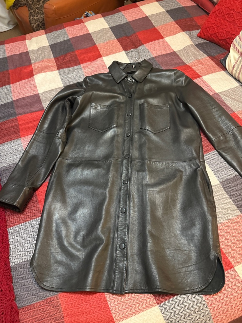Zara Black Leather Button-Down Shirt Jacket